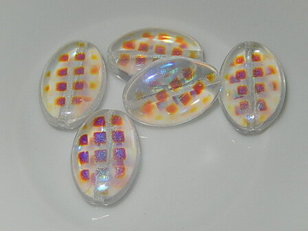T5101 Tsjechische glaskraal transparant met coating ovaal plat 16x11x4 mm