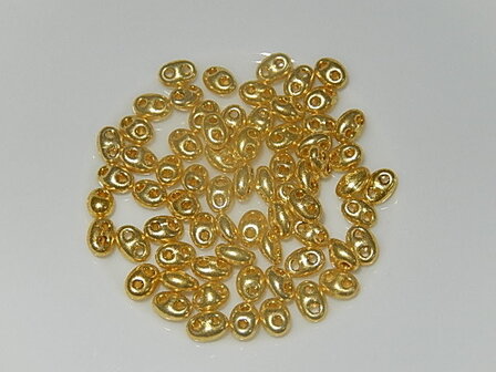 T1306 Tsjechische glaskraal 10 gr preciosa twin geelgoud metallic  2,5x5 mm