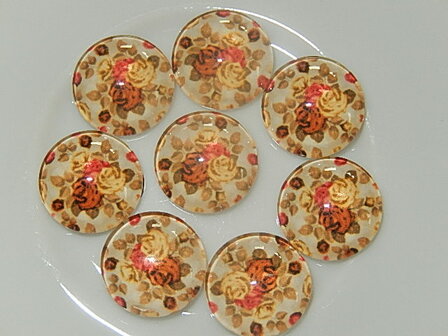 CBG302R12 Glascabochon met bloemmotief 1 st rond geel met oranje en rood 12 mm