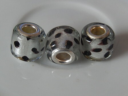 Q0120 Glaskraal 1 st cilinder met groot gat, pandorastijl, 12x12 mm zilverfolie met zwarte stippen