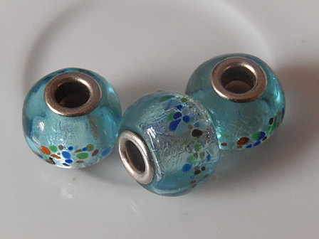 Q0212 Glaskraal 1 st ovaal met groot gat, pandorastijl, 12x16 mm blauw glas met zilverfolie kern