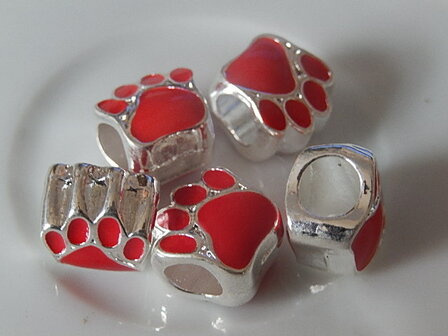 Q0219 Metalen hondepootkraal met groot gat, pandorastijl, 11x12 mm rood